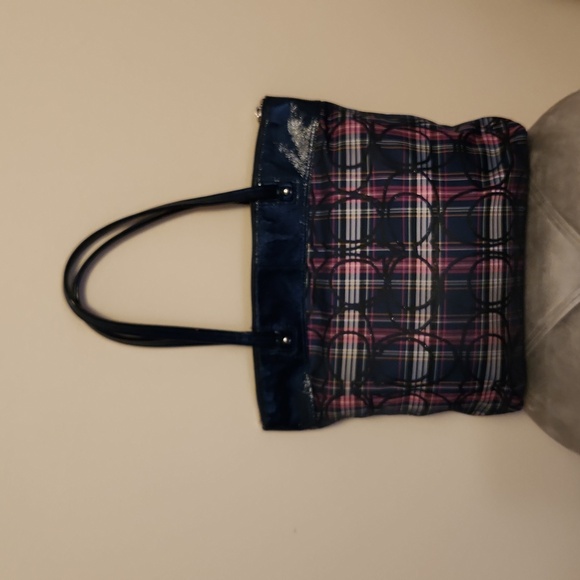 Coach Large Blue Tartan Tote Bag Laura Shoulder Travel Plaid - Picture 2 of 6